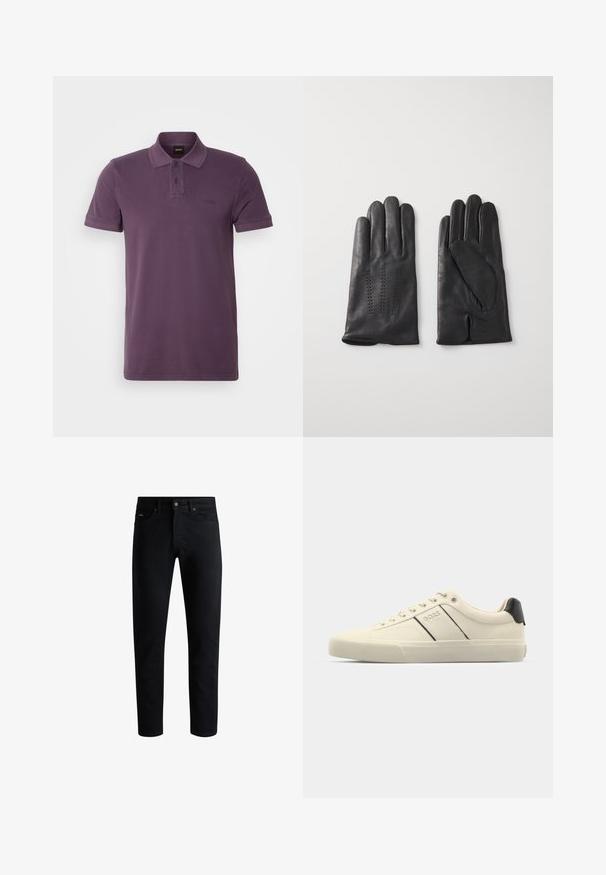 Lilla puuvillane polo särk klassikalise kraega, kahe nupuga nööbiliist ja lühikesed varrukad. Peen logo rinnal. Sile tekstuur.; Must mustrikot, viie taskuga, nupuga sulgus ja vöökonksudega, esitatud valge tausta ees.; Kreemikaalased sneekerid sileda pinnaga, millel on mustad aktsendid ja bränding. Klassikaline paeltega mudel ümmarguse ninaga ja kummist tallaga.; Mustad nahast kindad viie sõrmega, dekoratiivse õmblusega. Siseosa on pehme voodriga ja avatud nimetissõrmega disain.