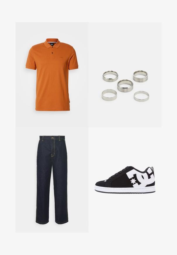 Rozsdabarna, rövidujjú polo póló két gombbal, gallérral és diszkrét hímzett "BOSS" logóval a bal mellen.; Széles lábú sötét farmernadrág sárga varrással, elülső gombos záródással és oldalsó zsebekkel. Sima textúra és tradicionális dizájn.; Fekete sportcipő fehér részletekkel és logóval. Kerek orrú, párnázott talppal, lapos fűzővel és sima felső anyaggal rendelkezik. Oldalnézet.; Öt darabból álló fém gyűrűk különböző szélességekkel, sima, fényes és köszörült felületekkel; a színek csillogó ezüsttől a mattig terjednek.