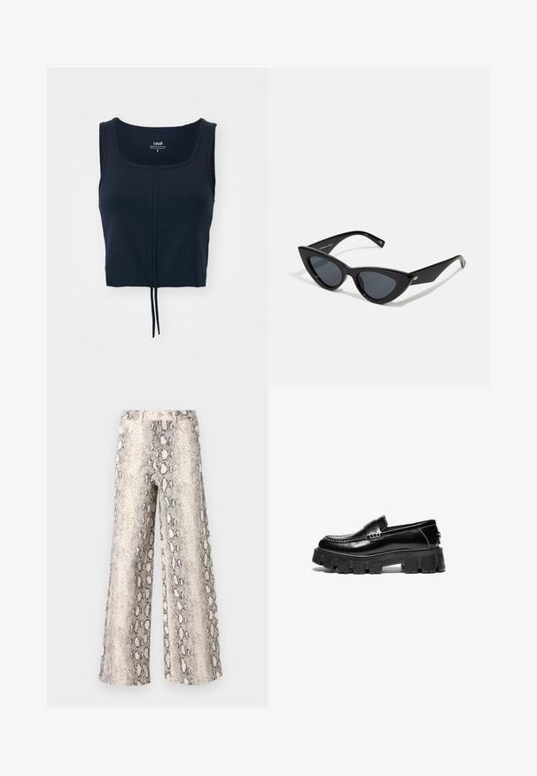 Navy cropped tank top with a square neckline, made of smooth fabric, featuring an adjustable tie at the hem and no visible embellishments.; Wide-leg pants in a snake print pattern, featuring a cream and gray color scheme, made from textured fabric with a high-waisted design.; Black leather loafers with chunky rubber sole, decorative strap across the upper, and contrasting white stitching. Smooth texture with rounded toe.; Cat-eye sunglasses with a glossy black plastic frame, dark lenses, and gold accent detailing on the temples. Angular design with sleek lines.