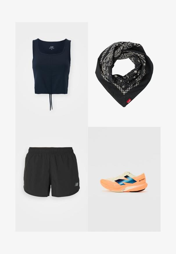 Tamsiai mėlynas trumpas sijonas su kvadratiniais iškirpimu, pagamintas iš glotnaus audinio, su reguliuojamu raiščiu apatinėje dalyje ir be matomų papuošimų.; Juodi sportiniai šortai su elastinga juosmena, pagaminti iš lengvos medžiagos. Kairiajame apatinėje pusėje yra mažas pilkas logotipas.; Bėgimo bateliai su lengvu kreminiu viršumi, mėlynu ženklinimu ir oranžiniais akcentais ant pado. Tinklelis, užtikrinantis kvėpavimą.; Levi's® PAISLEY BANDANA UNISEX - Fuliaras - regular black