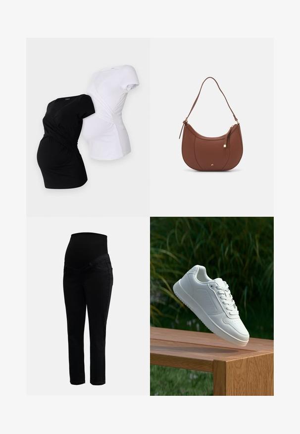 To mødre t-shirts, en sort og en hvid, med crossover-design og korte ærmer med rynket detaljer på siden.; Sorte graviditetsjeans med strækbar høj talje og tætsiddende ben, designet til komfort og støtte under graviditeten.; Hvid sneaker med en glat syntetisk overdel, perforeret tåboks, flade snørebånd og en tekstureret sål, præsenteret på en træoverflade.; Brun faux læder skuldertaske med buet form, minimal syning og en guldtonet hardwaredetalje. Har en top lynlåslukning og justerbar rem.