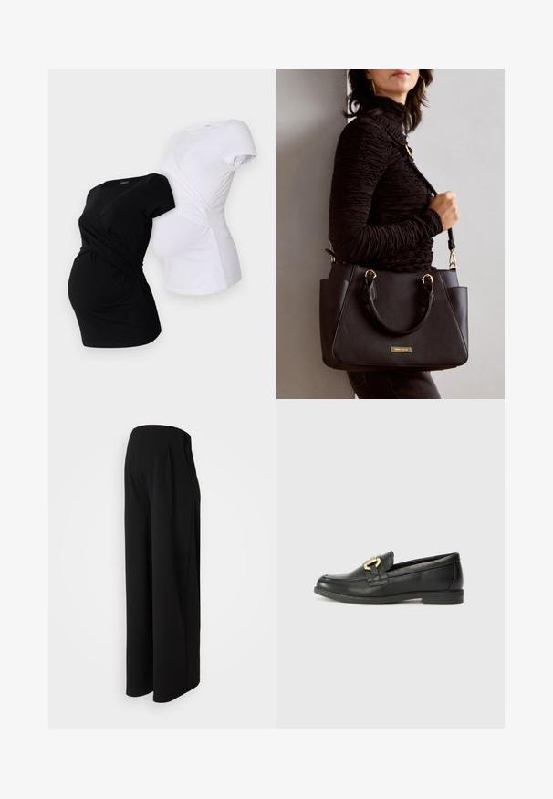Kaks rasedust-särk, üks must ja teine valge, millel on risti disain ning lühikesed varrukad, millel on kokkuvõetud külgede detailid.; Vero Moda Maternity VMMBECKY SUPER WIDE PANTS - Püksid - black; Must mustri kingad ümarate varvastega, mustast nahast, millel on kuldse tooni pandla aksessuaari ja madala kontsaga, sujuva tekstuuri ning minimaalne õmblusdetail.; Musthave must kott, millel on tekstuurne pind, kaks ülemist käepidet ja reguleeritav õlarihm. Omab kuldse tooni riistu ja külgtaskuid.