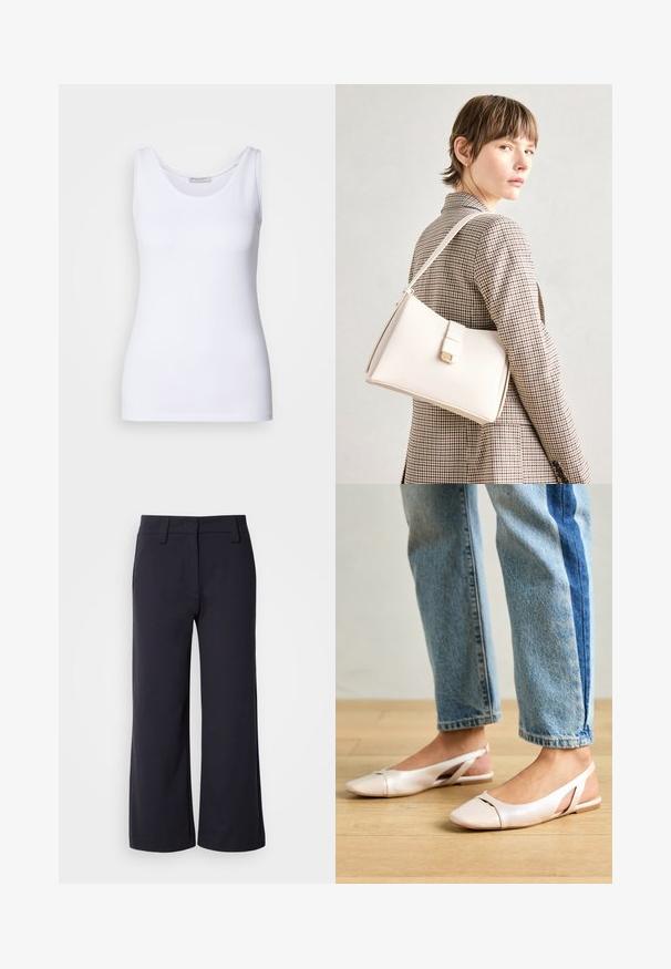 Witte top met een gladde, rekbare stof. Beschikt over een ronde halslijn en brede schouderbanden. De zoom zit net onder de taille. Geen patronen of accenten.; Wijd-zittende broek in donkerblauwe stof. Heeft een vlakke voorkant, riemlussen en zijzakken. Het materiaal is glad met een lichte stretch.; Zachtroze slingback ballerina's met een spitse neus, gemaakt van een glad leerachtig materiaal. Bevat uitsnijdingen aan de zijkanten en heeft een platte hak.; Witte leren handtas met een gestructureerd ontwerp, voorzien van een magneetsluiting en een schouderriem, tentoongesteld tegen een neutrale achtergrond.