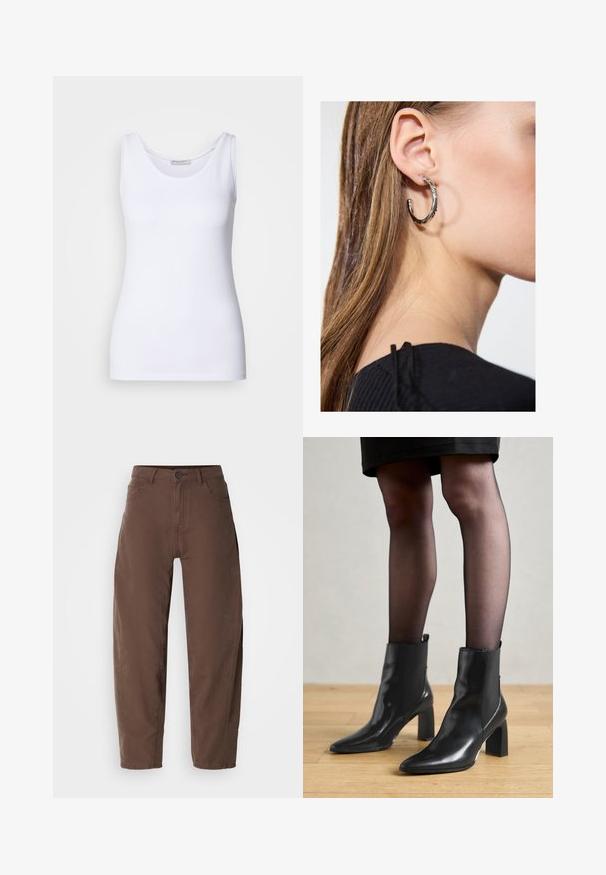 Top bianco senza maniche realizzato in tessuto liscio e elastico. Presenta un collo arrotondato e spalline larghe. L'orlo si trova appena sotto la vita. Senza motivi né decorazioni.; Pantaloni marroni a gamba dritta con bottone e zip frontali, passanti per cintura e tasche laterali, mostrati su uno sfondo bianco.; Stivaletti neri in pelle con punta affusolata, tacco quadrato imponente e design elegante. Dotati di pannelli laterali elasticizzati per una facile vestibilità.; Orecchino a cerchio in argento con finitura lucida, caratterizzato da piccoli dettagli in oro e una forma tondeggiante, indossato sul lobo.