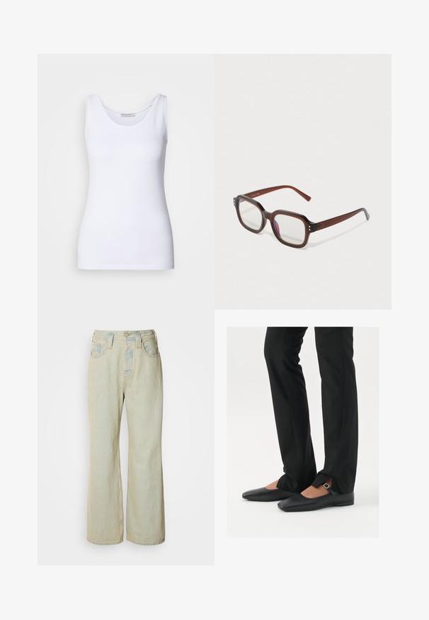 Valkoinen hihaton paita, joka on valmistettu sileästä ja joustavasta kankaasta. Siinä on pyöreä kaula-aukko ja leveät olkahihnat. Helma sijaitsee juuri vyötärön alapuolella. Ei kuvioita tai koristeita.; Vaaleansiniset leveät farkut, joissa on korkea vyötärö, viisi taskua ja hienovarainen haalistuminen kontrastivärisin tikkauksin.; Musta nahkakengät balettityylillä, kärjessä terävä muoto, hihna hopeasoljella, yhdistetty mustiin räätälöityihin housuihin, joissa on halkiohelma.; Ruske läpinäkyvät suorakulmaiset silmälasit, joissa on kirkkaat linssit, hieno violetti heijastus ja pienet kultaiset koristepisteet etukulmissa.; Hopea renkaankorvakoru kiiltävällä pinnalla, jossa on pieniä kultaisia yksityiskohtia ja pyöreä muoto, käytetty korvalla.