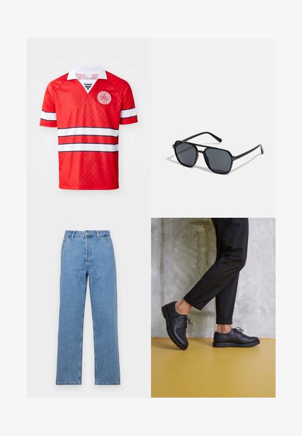Červený futbalový dres s bielym golierom, so šesťuholníkovou textúrou, bielymi a námorníckymi pruhmi a kruhovým logom na hrudi.; Svetlomodré deninové nohavice s rovnými nohavicami a klasickým dizajnom s piatimi vreckami, s predným zapínaním na gombík a pútkami na opasok. Hladká textúra.; Čierne kožené šnurovacie topánky s okrúhlou špičkou, textúrovaným povrchom a hrubou gumovou podrážkou. Nosené s vyrolovanými čiernymi nohavicami na pozadí z betónu.; Čierne slnečné okuliare s osemuholníkovým rámom, tmavými sklami, lesklým povrchom, tenkými rámčekmi a zlatými akcentmi na prednej strane.