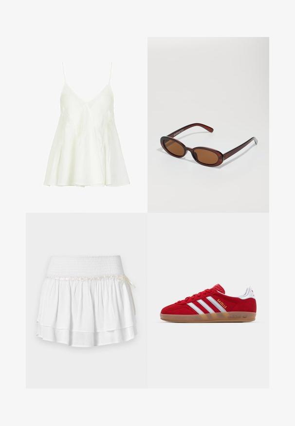 Witte, mouwloze top met spaghettibandjes. Heeft een V-hals en geplooid ontwerp op het lijfje, dat uitloopt bij de taille.; Witte, gelaagde rok met een elastische tailleband, voorzien van een gestructureerde smockdetail en een decoratieve lintaccent. Katoenen stof.; Rode suède sneaker met een witte drie-strepenontwerp en gouden "Gazelle" tekst. Beschikt over een rubberen gumzool en een gestructureerde hiel.; Ronde, bruin getinte zonnebril met een glanzend bordeauxrood frame. Slanke pootjes met subtiele merkdetails. Vlakke lensontwerp.