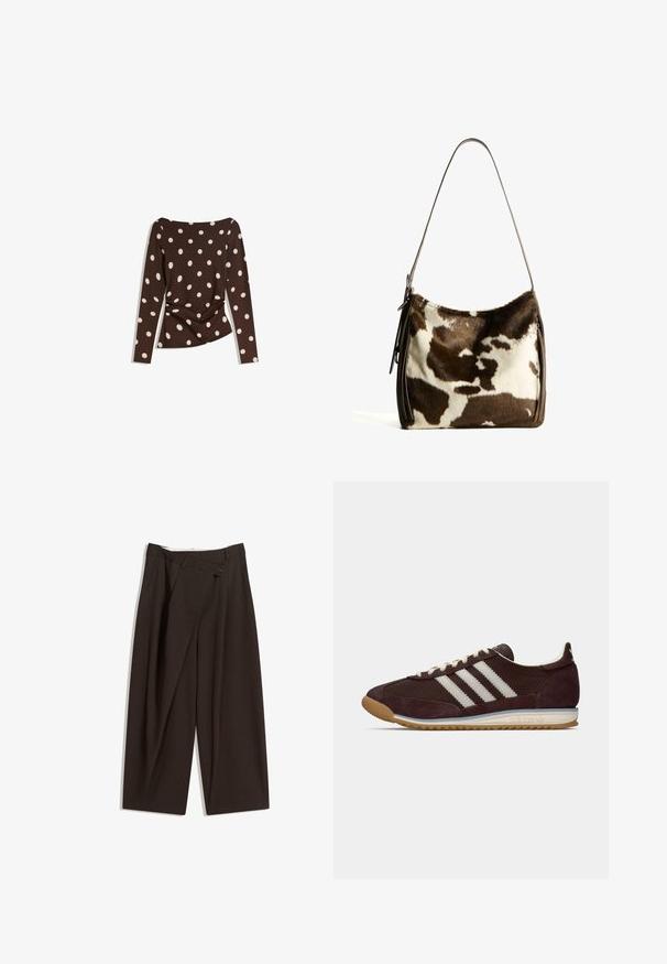 Top lung cu mâneci lungi, de culoare maro, cu un decolteu rotund, având buline mari albe și detalii pliate la talie pentru un aspect ajustat.; Pantaloni largi de culoare maron închis, cu talie înaltă, având închiere cu un singur nasture și un față pliată. Confectionați dintr-un material ușor.; Adidași cu profil jos, de culoare burgundă închisă, cu dungi albe, șireturi crem și talpă din gumă, văzuți din lateral pe un fundal simplu.; Geantă de umăr din piele de vacă maro și crem, cu o bandă din piele netedă, închidere cu fermoar și o suprafață moale, texturată, cu un model natural.