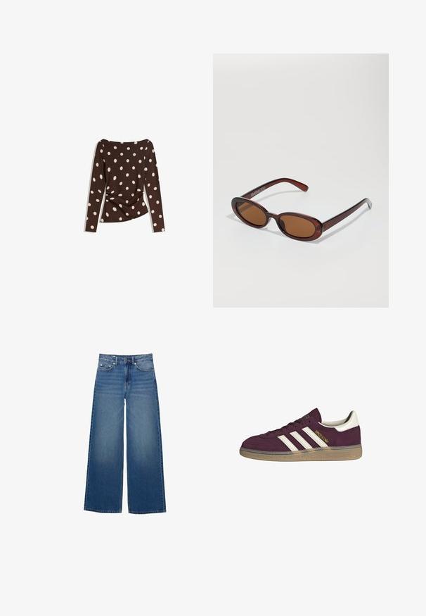 Brown long-sleeve top with a scoop neckline, featuring large white polka dots and gathered detail at the waist for a fitted look.; Wide-leg blue jeans made of denim, featuring a high waist, stitched accents, and a simple design with a slight fade effect.; Maroon suede sneaker with white three stripes and beige accents. Features a textured rubber sole and gold branding on the side.; Round, brown-tinted sunglasses with a glossy burgundy frame. Slim arms with subtle branding detail. Flat lens design.; Brown woven leather handbag with a slouchy, triangular shape. Features a braided handle and a zipper closure along the top.