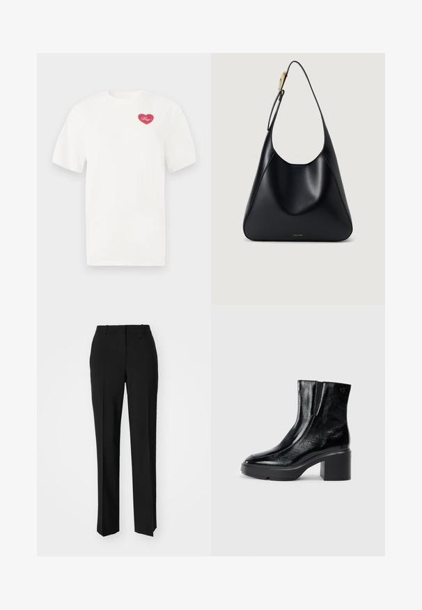 Valge puuvillane T-särk, millel on roosa südamekujuline graafika ja sõna "Hugid" kursiivis. Lühikesed varrukad ja mugav lõige.; Mustad ja sirged püksid, millel on sile tekstuur ja teravad voldid esiosas. Ilma nähtavate detailideta.; Mustmustest must paeltega särkide, millel on kõver varvas, elastsed külgpaneelid ja jäme plokkpealse. Tagaküljel on reljeefne logo.; Must mustriba mustkott, millel on sile tekstuur, kõver siluett ja kuldne riistvara aksent. Omab reljeefset brändilogo alusel.