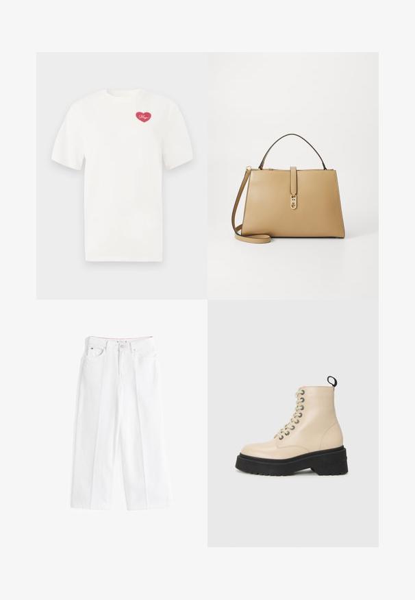 Biela bavlnená tričko s ružovým srdcovým grafickým motívom a slovom "Objatia" v kurzíve. Krátke rukávy a voľný strih.; Biele široké džínsy z denimu, s vysokým pásom, prednými vreckami a jemným červeným akcentom na pásu.; Béžové členkové topánky s masívnou čiernou podrážkou a očkovým šnurovaním, s pútkom na zadnej strane a logom na boku.; Tommy Hilfiger LIBRE SATCHEL - Kabelka - safari