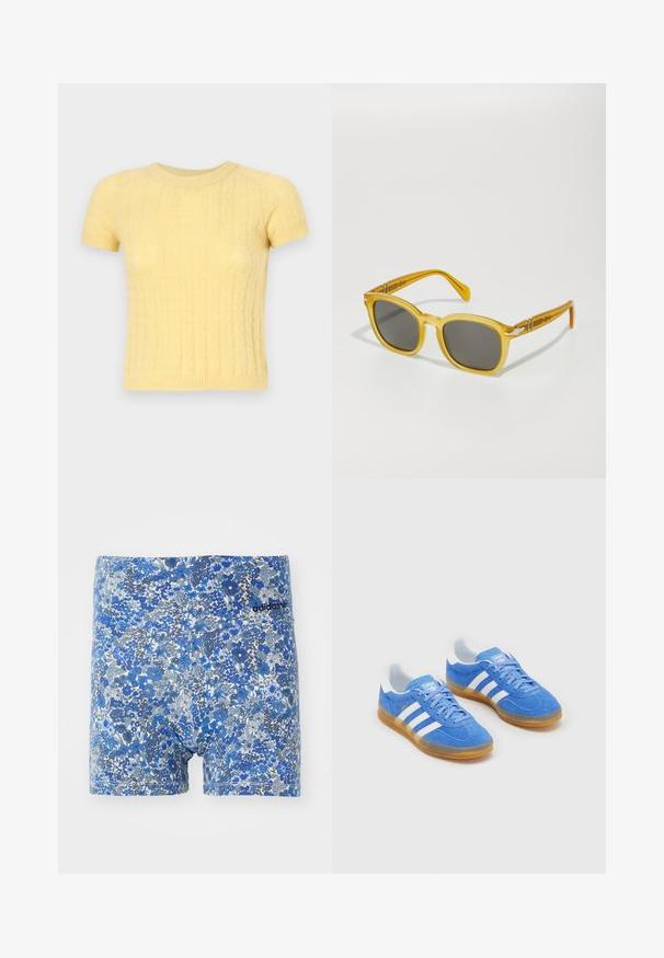 Krátký rukáv, žlutý pletený svetr s texturovaným vzorem a kulatým výstřihem. Vyrobeno z měkkého, lehkého materiálu.; Modré boxerky s květinovým potiskem v různých odstínech, s přiléhavým střihem a černým logem Adidas na pase.; Modré semišové sportovní boty s bílými pruhovanými akcenty, gumovou podrážkou a polstrovaným límcem pro pohodlí. Obsahují klasický design na šněrování.; Žluté, průhledné plastové sluneční brýle se čtvercovými obrubami a tmavě šedými čočkami. Obsahují dekorační akcenty na spáncích.; Námořnická modrá hedvábná šála s bílými květinovými a tečkovanými vzory, uvázaná do mašle se dvěma prodlouženými konci pro stylistickou všestrannost.