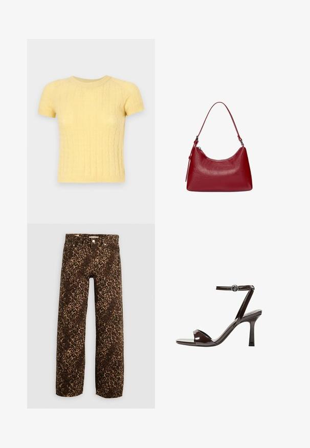 Rövid ujjú sárga kötött pulóver, texturált mintával és kerek nyakkivágással. Puha, könnyű anyagból készült.; Leopárdmintás, bő szárú farmernadrág barna és bézs színekben. Denimből készült, klasszikus öt zsebes dizájnnal és fémből készült kiegészítőkkel.; Barna lakkbőr magassarkú szandál, bokaheggyel, nyitott orral és letisztult, minimalista dizájnnal. Négyzet alakú sarokkal rendelkezik.; Piros bőrből készült válltáska ívelt formával, sima textúrával és cipzáras záródással. Kiváló, vékony fogantyúval rendelkezik a hordozás érdekében.