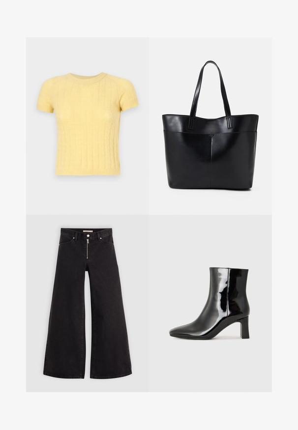 Trumpas rankovės geltonas megztinis su tekstūruotu raštu ir apvaliu iškirpimu. Pagamintas iš minkštos, lengvos medžiagos.; Plačios kojų džinsai iš juodo džinsinio audinio su užtrauktuku priekyje, penkių kišenių dizainu ir subtiliais siuvinėjimo akcentais. Lygus paviršius ir laisvalaikio stilius.; Juodos lakuotos odinės aulinukės su smailiu pirštu ir vidutinio aukščio blokuotu kulnu. Lygus paviršius ir minimalistinis dizainas.; Juoda odinė rankinė su dviem ilgais diržais, lygiu paviršiumi ir struktūrizuota forma. Yra priekinė kišenė papildomam saugojimui.