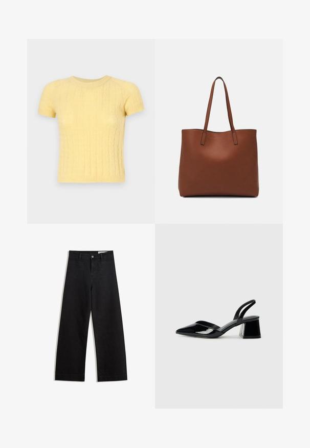 Short-sleeve yellow knit sweater featuring a textured pattern and a rounded neckline. Made from soft, lightweight material.; Black wide-leg denim pants with a high waist, featuring front and back pockets, stitched seams, and a button closure. Smooth texture.; Black patent leather slingback heels with a pointed toe and a geometric block heel. Features a sleek, minimal design and smooth texture.; Brown leather tote bag with a smooth texture, open top design, and two shoulder straps. Features minimal stitching and no visible hardware.