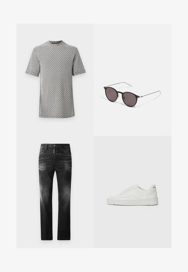 Trumpas rankovės marškinėliai su aukštu apykakle, pagaminti iš tekstūruotos medžiagos su juodai balta rombų raštu.; Juodi džinsai su tiesiu kirpimu. Spalvoti svyrantys plotai, šiek tiek sugadinti, klasikinis penkių kišenių dizainas ir mygtuko uždarymas.; Balti odiniai sportiniai bateliai su lygia apdaila, apvaliu pirštu, plokščiais raišteliais ir tekstūruotu padu. Pasižymi subtiliu logotipu ant kulno.; Juodos apvalios saulės akinių su tamsiais lęšiais ir plonomis metalinėmis šakomis. Įtraukti skaidrūs šventyklų galai ir sidabriniai akcentai vyrio srityje. Minimalistinis dizainas.