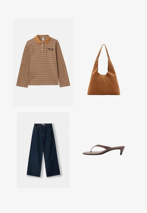 Brown long-sleeve polo shirt featuring horizontal stripes in white and purple, a collared neckline, and an embroidered logo on the chest.; Dark blue, wide-leg jeans made of denim. Features five pockets, a button and zipper closure, and contrast stitching details.; Brown heeled flip-flop sandal with a slender strap and rounded toe post, featuring a small gold accent on the footbed.; Brown suede hobo bag with a slouchy shape, featuring a curved top handle and triangular panel details on the front and back.