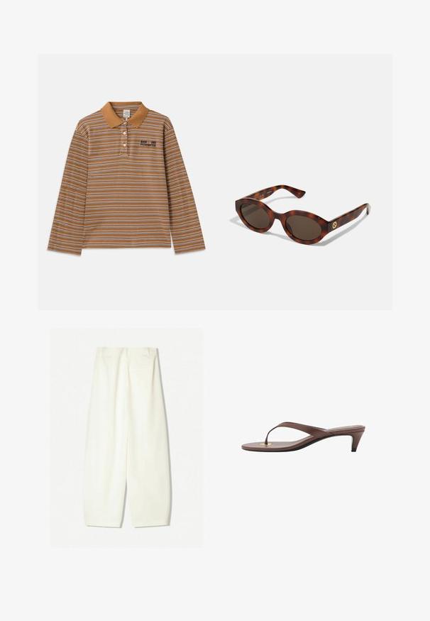 Brown long-sleeve polo shirt featuring horizontal stripes in white and purple, a collared neckline, and an embroidered logo on the chest.; Wide-leg trousers in a soft cream fabric, featuring a smooth texture, front pockets, and a relaxed fit with a mid-rise waistband.; Brown heeled flip-flop sandal with a slender strap and rounded toe post, featuring a small gold accent on the footbed.; Tortoiseshell sunglasses with rounded frames, dark lenses, and gold logo detailing on the temples. Smooth plastic material, no visible patterns.; Brown suede hobo bag with a slouchy shape, featuring a curved top handle and triangular panel details on the front and back.