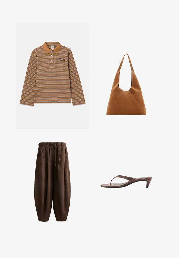Tricou polo cu mâneci lungi de culoare marron, cu dungi orizontale albe și purpurii, guler și un logo brodat pe piept.; Pantaloni maro, largi, cu un brâu reglabil, fabricați dintr-un material texturat, având buzunare laterale și manșete conice.; Sandaș cu toc înalt, de culoare maro, cu o curea subțire și vârf rotunjit, având un mic accent auriu pe talpa interioară.; Geantă hobo din suede maro, cu o formă lejeră, având un mâner curbat și detalii în formă de panou triunghiular pe partea din față și spate.