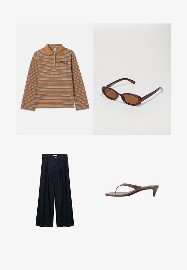 Braunes Langarm-Polohemd mit horizontalen Streifen in Weiß und Lila, einem Kragen und einem gestickten Logo auf der Brust.; Dunkelblaue, weite High-Waist-Hosen aus Denim mit einem Knopfverschluss vorne, zwei Seitentaschen und Nähdetails.; Braune, mit Absatz versehene Flip-Flop-Sandale mit einem schmalen Riemen und abgerundetem Zehensteg, der ein kleines goldfarbenes Akzent auf dem Fußbett aufweist.; Runde, braun getönte Sonnenbrillen mit einem glänzenden burgunderfarbenen Rahmen. Schlanke Bügel mit dezentem Branding. Flaches Linsendesign.; Braune Wildleder-Hobo-Tasche mit einer lässigen Form, ausgestattet mit einem geschwungenen Oberhandgriff und dreieckigen Paneeldetails auf der Vorder- und Rückseite.