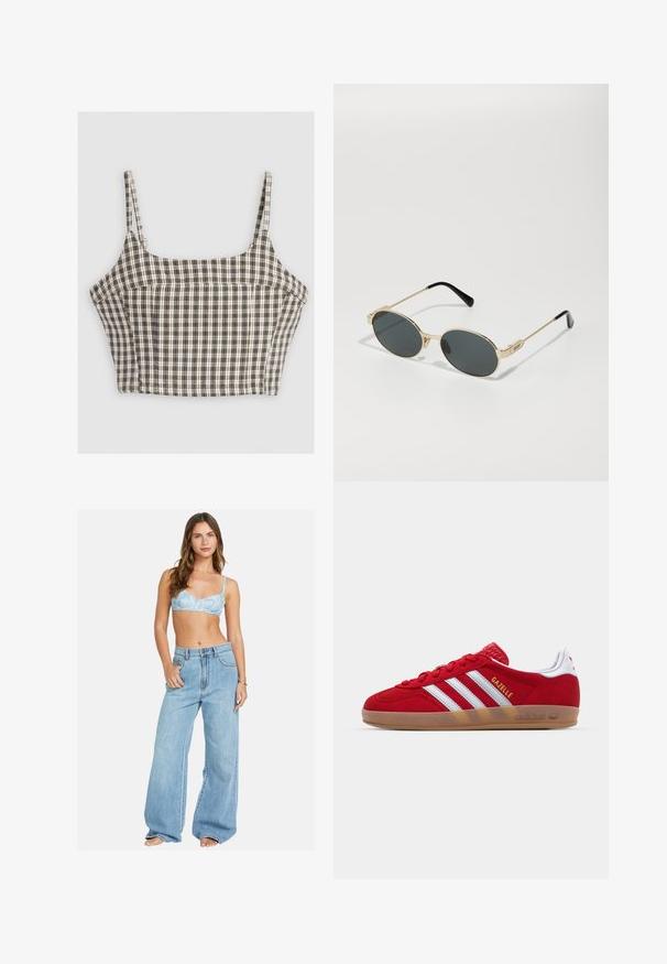Top scurt cu un model în carouri, în nuanțe de maro, alb și negru. Are bretele subțiri și cusături structurate. Material dintr-un amestec de bumbac.; Cămașă albă cu mânecă lungă, din bumbac, cu guler clasic, logo subtil pe piept și butoane galbene.; Bralet cu model floral în nuanțe de albastru deschis, asortat cu blugi din denim albastru deschis cu croială largă. Ajustare confortabilă cu un siluetă relaxată și închidere clasică cu buton.; Sneaker roșu din suede cu un design alb cu trei dungi și text auriu "Gazelle". Dispune de o talpă din cauciuc și un toc texturat.; Ochelari de soare din metal aurit, cu lentile ovale și lentile întunecate. Vârfuri din acetat negru pe brațe. Numele brandului "QUAY" pe lateral.