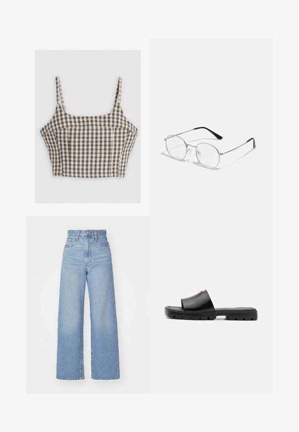 Kockás minta, barna, fehér és fekete árnyalataival készült crop top. Vékony pántokkal és strukturált varrásokkal rendelkezik. Pamut keverék anyagból készült.; Világoskék, magas derekú, bő szárú farmernadrág, elülső gombbal és cipzárral, elülső és hátsó zsebekkel, fehér háttérrel.; Fekete mules sima, matt bőrből készült felsőrésszel és vastag, texturált gumitalppal. Figyelemre méltó arany hardware dísz a felsőrészen. Egyszerű, nyitott design.; Kerek fém szemüveg, vékony ezüst kerettel, átlátszó lencsékkel, fekete szárakkal, amelyek gumitippel rendelkeznek a kényelem érdekében. Minimalista dizájn.