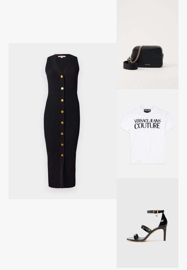 Vit t-shirt i bomull med djärv svart text som läser "VERSACE JEANS COUTURE" över framsidan, med en klassisk rund halsringning.; Svart ribbstickad klänning med V-ringning, ärmlös design och detaljer i guldton nedtill, med en figurnära silhuett.; Svart lackskinnsandaler med tre remmar, ankelspänne och 10 cm stilettklack. Har detaljer i guldmetall och logokaraktär.; Svart läder crossbody-väska med gyllene kedjedetaljer, dragkedjestängning och avtagbart tygband. Michael Kors-logotyp på framsidan.