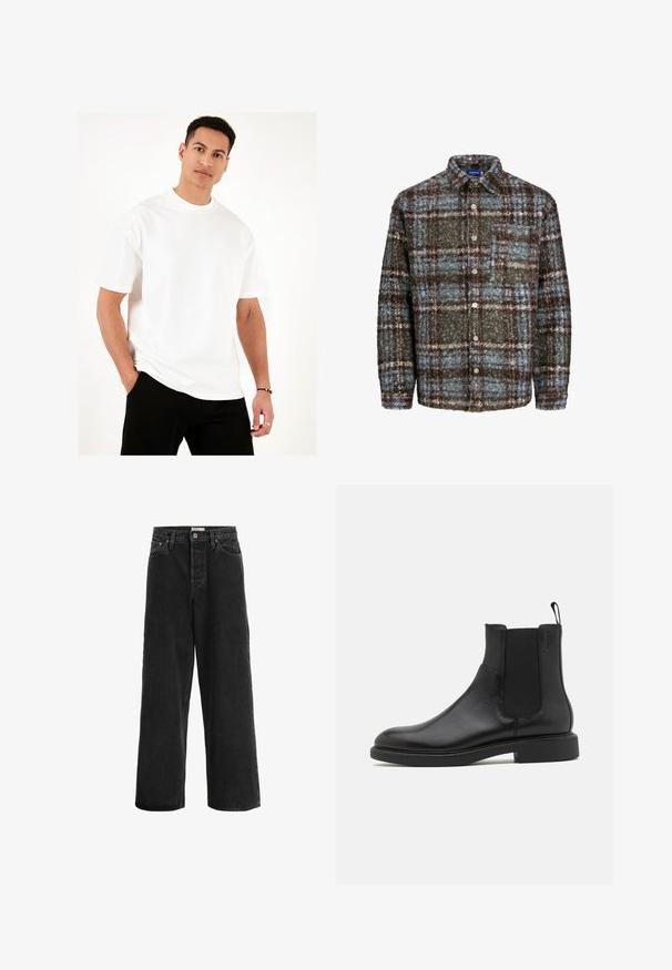 White crew neck t-shirt made from lightweight cotton. Short sleeves, relaxed fit, and flat seams. Worn with black pants, hands in pockets.; Brown and blue plaid shirt jacket made of textured fabric; features a chest pocket and button closure.; Black wide-leg jeans made from denim fabric. Features a high waist, two front pockets, a button closure, and subtle stitching details.; Black leather ankle boot with smooth texture, elastic side panels, and a pull tab. Round toe and flat rubber sole with minimal tread.