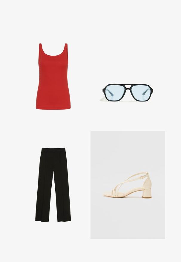 Röd linne med rundad halsringning, ärmlös design och en mjuk bomullskänsla. Enfärgad, utan mönster eller detaljer.; Svarta vida byxor tillverkade av ett mjukt tyg, med en åtsittande midja och subtila framveck för en extra textur.; Beige klacksandaler med blockklack, remdesign och justerbart ankelsnöre, tillverkade av slätt syntetmaterial med matt yta.; Svarta solglasögon med rektangulära ramar, blåtonade linser och en karaktäristisk brodesign. Slät yta, diskret textur.; Svart läderhandväska med en unik fläktform, som har platta handtag. Ytan har en pebblad textur och en minimalistisk design.