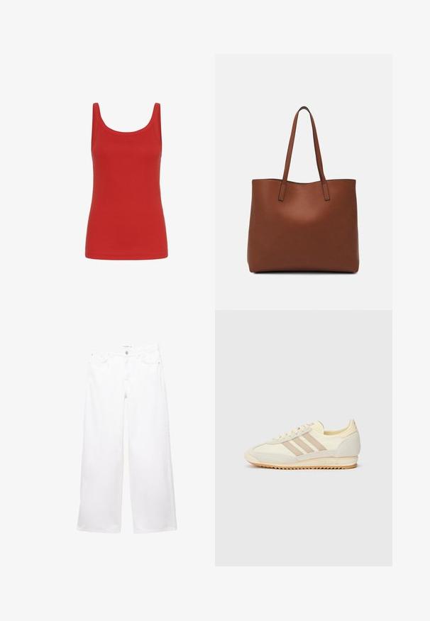 Rode tanktop met een ronde halslijn, zonder mouwen en een gladde katoenstructuur. Effen kleur, geen patronen of accenten.; Witte wijde spijkerbroek van denim met een gladde textuur. Voorzien van een knoop- en ritssluiting, met twee voorkanten en twee achterzakken.; Crème sport sneaker met drie beige strepen, suède en textielmaterialen, een gestructureerde zool en geperst logo op de hiel.; Bruine leren tote bag met een gladde textuur, een ontwerp met een open bovenkant en twee schouderbanden. Kenmerkt zich door minimale stiksels en geen zichtbare hardware.