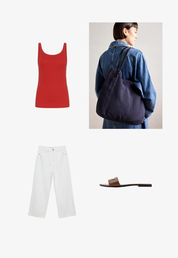 Rotes Tanktop mit Rundhalsausschnitt, ärmellosem Design und einem glatten Baumwollstoff. Einfarbig, ohne Muster oder Akzente.; Weiße Jeans im weit geschnittenen Design aus Denim mit hoher Taille, ausgestattet mit fünf Taschen und Metallbeschlägen. Glatte Textur, keine sichtbaren Muster.; Braune Leder-Slidesandalen mit flacher Sohle, ausgestattet mit einem breiten Riemen und weißen geometrischen Akzenten für ein minimalistisches Design.; Marinefarbene Leinenschultertasche mit weicher, strukturierter Form, ausgestattet mit einem schwarzen Riemen, genähten Details und einem kleinen Markenschild.