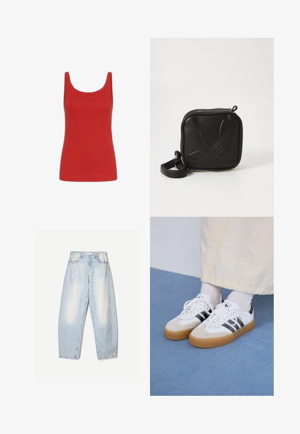 Crveni top bez rukava s izrezom u obliku scoop, izrađen od glatkog pamuka. Jednobojan, bez uzoraka ili ukrasa.; Svijetloplave traperice s širokim krojem, s izblijedjelim završetkom, dva prednja džepa i dugmetom za zatvaranje na struku.; Bjele tenisice s crnim prugama i bež suknjom. Imaju teksturiranu gumu potplat i ravne bijele vezice, nošene uz svijetle čarape.; Crna kvadratna torbica preko tijela napravljena od teksturiranog sintetičkog materijala. Ima urezani dizajn logotipa i podesivu traku. Zatvaranje na patentni zatvarač.