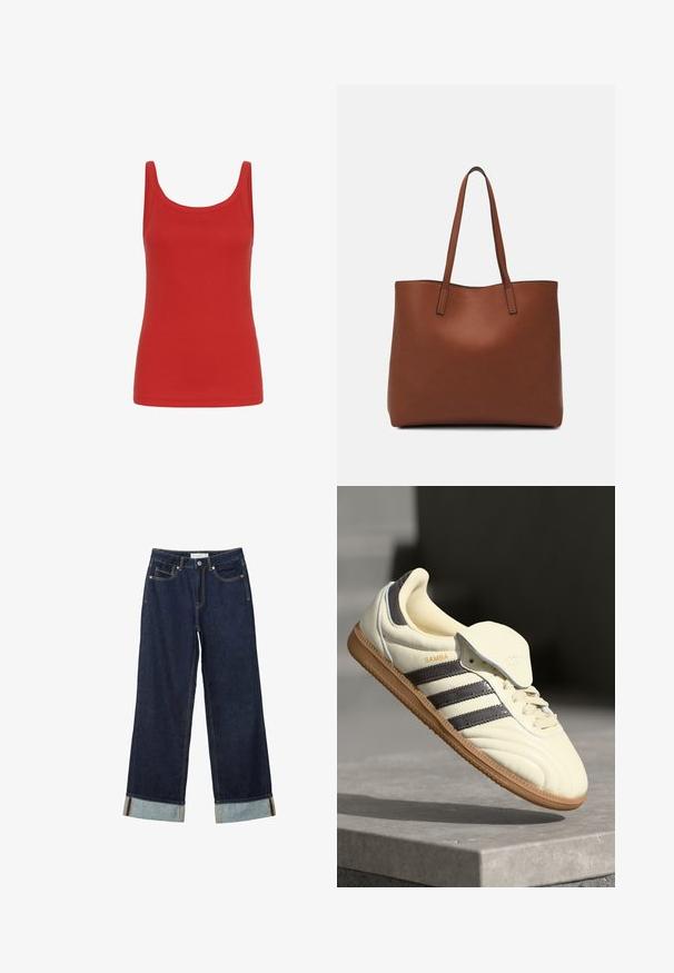 Rød tanktop med rund halsudskæring, ærmeløs design og en glat bomuldsstruktur. Ensfarvet, ingen mønstre eller accenter.; Mørkeblå vide jeans med højt talje, med opfoldede vamsser, kontrastsyning og fem-lommers design. Lavet af denim stof.; Cremefarvede lædersneakers med tre mørke striber, en brun gummisål og en afrundet tå. Har en foldbar tunge mærket "SAMBA."; Brun læder tote taske med en glat overflade, åben topdesign og to skulderremme. Har minimal syning og ingen synlig hardware.
