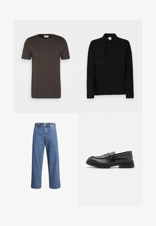 Tumedast roheline lühikeste varrukatega t-särk, ümar kaelus, sile tekstuur, ilma mustrite või aktsentideta, lihtne disain, sobib igapäevaseks kandmiseks.; Must musta särk, mis on valmistatud siledast kangast, kahe rinna tasku, krae ja nööpidega mansettidega. Lihtne disain väheste detailidega.; Heledad sinine teksapüksid sirge säärega, kõrge taljega ja minimaalse õmblustehnikaga. Kangas on pehme ja kergelt pleekinud tekstuuriga.; Mustad musta naha sussid sujuva viimistlusega, esiosal rihmaga detail ning paksu kummitaldaga, mis on kaunistatud soontega.