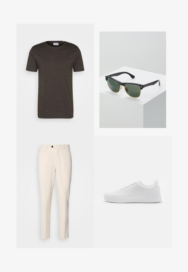 Tumedast roheline lühikeste varrukatega t-särk, ümar kaelus, sile tekstuur, ilma mustrite või aktsentideta, lihtne disain, sobib igapäevaseks kandmiseks.; Beežid kohandatud püksid, millel on lame ees, ühe nööbiga sulgemine ja kaks nurga all asetsevat küljetaskut. Sile kangas, slim fit ja kitsenevad jalad.; Valged jooksujalanõud sileda sünteetilise ülaosa, ümmarguse nina, kuue aukuga paelte jaoks ja madala profiiliga kummist talla, millel on tekstuuritud üksikasjad.; Ray-Ban'i prillid roheliste objektiividega, mustade plastikraamide ja kuldsete aktsentidega servadel. Ruudukujuline kuju mati viimistlusega.