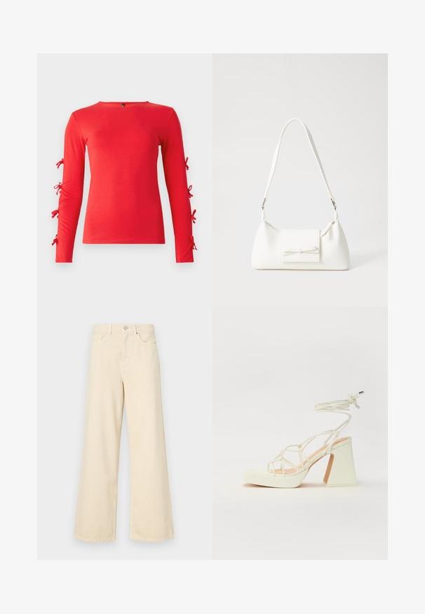 Rode langslijf T-shirt van zacht katoen, met strikaccenten op de mouwen, ronde hals en een getailleerde pasvorm.; Beige wijde jeans gemaakt van katoen. Voorzien van een knoopsluiting, riemlussen en voorzakken met een gladde, zachte textuur.; Witte hoge hakken sandaal met een chunky hak, met een bandjesontwerp en enkelband. Gladde textuur met een plateau voor extra hoogte.; Witte synthetische handtas met een driehoekige vorm, platte voorklep en strikdetail, verstelbare schouderriem, gladde textuur en minimalistisch ontwerp.
