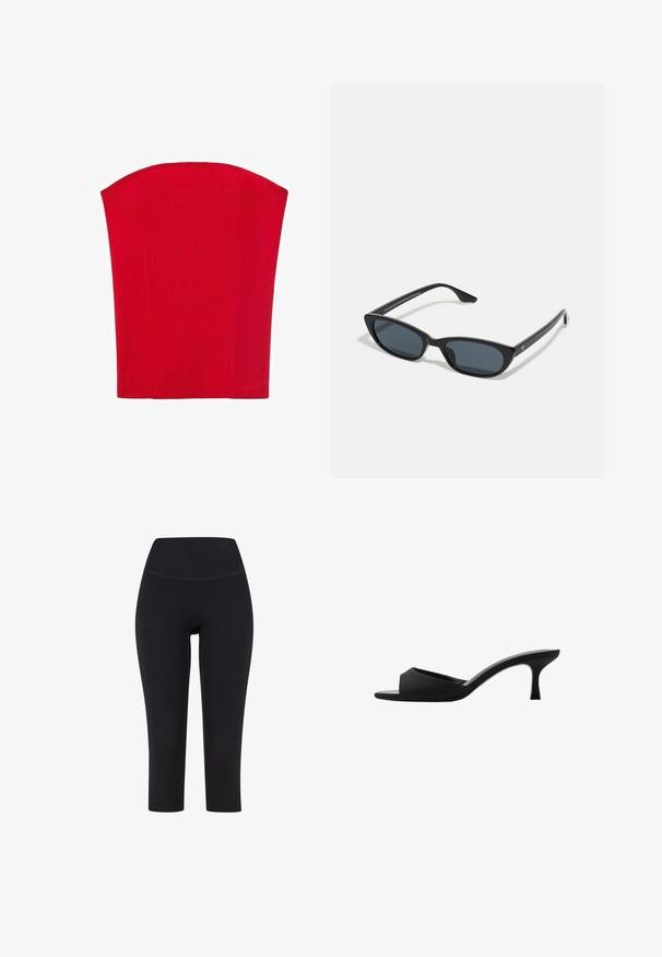 Rotes, trägerloses Korsett-Oberteil aus geripptem Material. Verfügt über eine strukturierte Form mit geraden Kanten. Glatte Textur, keine sichtbaren Muster.; Schwarze 3/4-Leggings aus dehnbarem Material mit hohem Taillenbund und ohne sichtbare Muster oder Hardware.; Schwarze Absatzmules mit einer breiten, offenen Zehenpartie und einem geschwungenen Oberteil. Hergestellt aus strukturiertem Stoff, mit einem schlanken Absatz und einer glatten Sohle.; Schwarze Cat-Eye-Sonnenbrille mit dunklen Gläsern, Kunststoffrahmen, schlanken Bügeln und dezentem Branding an der inneren Seite des Bügels. Matte Oberflächenstruktur.