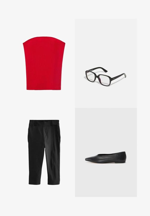 Rotes, trägerloses Korsett-Oberteil aus geripptem Material. Verfügt über eine strukturierte Form mit geraden Kanten. Glatte Textur, keine sichtbaren Muster.; Schwarze, cropped Hosen mit glatter Textur. Verfügt über einen flachen Bund und keine sichtbaren Taschen, gestaltet für eine maßgeschneiderte Passform.; Schwarze Leder-Balletschuhe, spitze Zehenform, minimalistische Gestaltung, glatte Textur, niedriger Absatz, keine sichtbaren Beschläge oder Verzierungen.; Schwarze rechteckige Brille mit klaren Gläsern, abgerundeten Kanten und seitlichen Akzenten, mit glänzender Oberfläche des Rahmens und der Bügel.