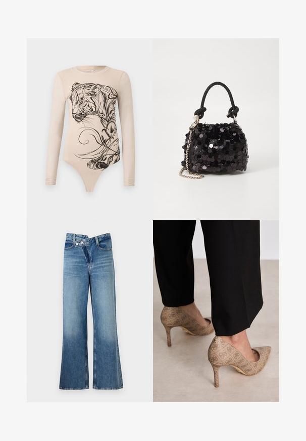 Hosszúujjú bodysuit bézs színű anyagból, fekete oroszlán grafikával, amely spirális vonalakkal és részletes arcpatternnel rendelkezik. Sima textúra.; Világoskék, harang szabású farmernadrág magas derékkal, két gombbal és elülső zsebekkel. Az anyag megjelenése kopott, apró eltérésekkel.; Beige magassarkú cipők texturált anyagból, ismétlődő mintával. Hegyes orrú kialakítás, hátsó díszítéssel és arany sarkú részlettel.; Fekete flitteres mini kézitáska csomózott textúrájú pánttal és ezüst lánccal. Lekerekített forma, ráncolt tetejével és fényvisszaverő részletekkel.