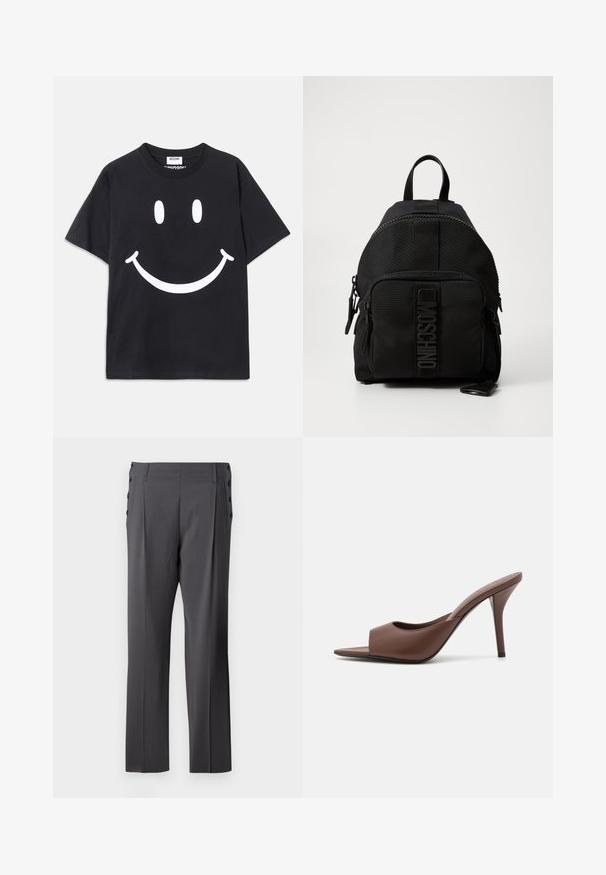 Lyhythihainen musta t-paita, joka on valmistettu puuvillasta ja jossa on edessä suuri valkoinen hymyilevä kasvokuva. Klassinen pyöreä kaula-aukko.; Valkoinen paitapusero pitkillä hihoilla, jossa on rypytetty pinta edessä, pieniä kultaisia nappia ja tavallinen kaulus.; Harmaat räätälöidyt housut, joissa on suora lahjetyyppi, etupleat ja koristeelliset sivunapit lisäyksinä. Sileä kankaanpinta.; Ruskean nahkakengät, joissa on avonainen varvas, korkea kanta ja tyylikäs muotoilu. Kengissä on leveä etuhihna ja hoikka stiletto-korko.; Musta Moschino reputasku, jossa on etupuolella vetoketjullinen tasku, ylhäällä kantokahva ja logotieto etupaneelissa.