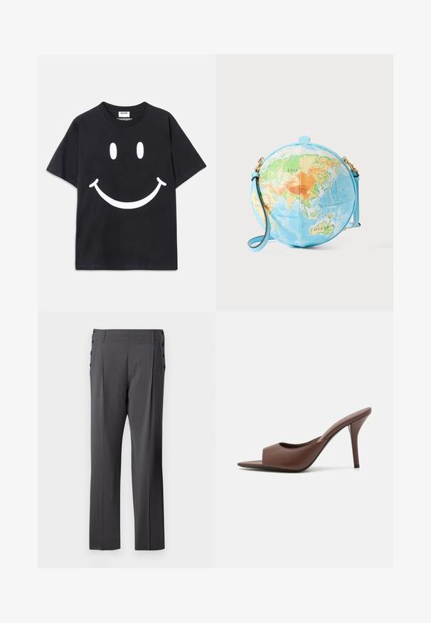 Black short-sleeve t-shirt made from cotton featuring a large white smiley face graphic on the front. Classic crew neckline.; Gray tailored pants featuring a straight leg design, front pleats, and decorative side buttons for added detail. Smooth fabric texture.; Brown leather open-toe high-heeled mules with a sleek design, featuring a wide front strap and a slender stiletto heel.; Round crossbody bag resembling a globe, featuring a light blue base with detailed map in green, orange, and blue tones; gold hardware accents.