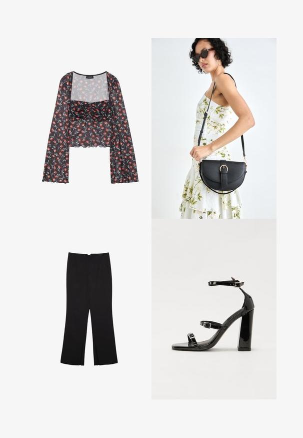 Kukallinen verkkopaita pitkähihaisilla, levenevillä hihoilla. Musta pohja punaisilla ja sinisillä kukkakuviolla, joissa on rypytetty vartalo ja aallokkomuotoinen helma.; Mustat housut suoralinjaisella leikkauksella, joissa on etutaskut ja sivurei'ät helman alla. Valmistettu pehmeästä ja sileästä kankaasta. Sopii eri tilaisuuksiin.; Musta kiiltävä korkokenkä sandaalit neliönmuotoisella varpaalla, nilkkaremmillä ja hopeisilla soljilla. Varustettu tukevalla lohkokorkealla vakauden takaamiseksi.; Musta nahkainen käsilaukku, joka on kaareva muotoilultaan, irrotettavalla hihnalla ja kultaisilla yksityiskohdilla. Laukussa on läppä, jossa on solk yksityiskohta.