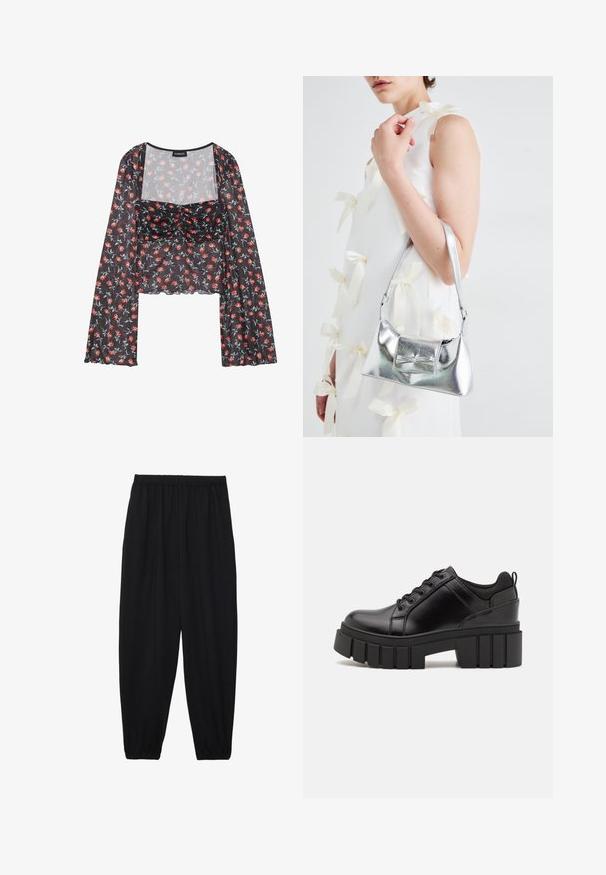 Lillelilleline võrkpäevasärk pikkade ja laienevate varrukatega. Must alus punaste ja siniste lillemuster, millel on rüüdiga rinnaosa ja sakiline äär.; Mustad, kerge kangas püksid elastse vöökoha ja kokku volditud pahkluudega. Kanga pind on sile ja disain on lõdvestunud, kitsenev.; Must musta platvormsussid paksu plokkninal, ümmarguse varbaga ja traditsioonilise nööridega kinnitamisega. Sussid on sileda tekstuuriga ja minimaalsete detailidega.; Hõbedane metallik käekott struktureeritud kujuga, millel on ülemine sang ja ettepoole suunatud paeladetail. Sile tekstuur, peegeldav viimistlus.