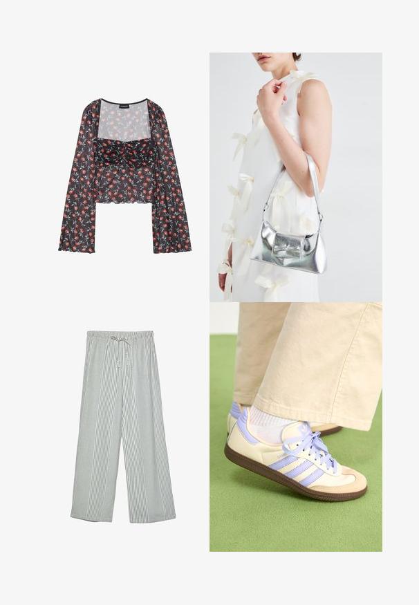 Cvjetni mrežasti gornji dio s dugim, raširenim rukavima. Crna osnova s crvenim i plavim cvjetnim uzorkom, s nabranim tijelom i valovitim rubom.; Lagane hlače širokih nogavica u zeleno-bijelom vertikalnom prugastom uzorku. Imaju elastičan pojas s zatvaranjem na vezicu.; Kremasto-ljubičaste tenisice s tri pruge i strukturiranim smeškim potplatom, s vezicama i podstavljenim petom. Mekana gornja tkanina.; Srebrna metalik torbica sa strukturiranim oblikom, s gornjom drškom i detaljem mašne sprijeda. Glatka tekstura, reflektirajući finiš.