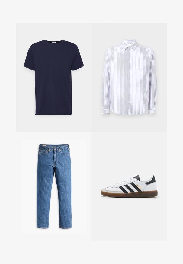 T-paita tummansinisestä pehmeästä kankaasta, lyhythihainen. Ominaisuuksiin kuuluu pyöreä kaula-aukko ja suora leikkaus ilman kuvioita tai yksityiskohtia.; Kohokku monet napitettu paita vaaleansinisessä ja valkoisessa. Ominaisuuksiin kuuluu kärkipainike, pitkät hihat ja yksi rintatasku. Puuvillakangasta.; Sininen denimpusero, jossa on suora lahje, kupariset niitit ja viitospussinen muotoilu. Sisältää ommellun helman ja klassisen vyötärön, jossa on vyölenkit.; Valkoiset nahkakengät mustilla mokkanahka yksityiskohdilla, kolme mustaa raitaa, beige kumipohja ja kultainen "SPEZIAL" -brändäys sivussa.