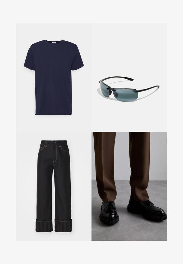 T-paita tummansinisestä pehmeästä kankaasta, lyhythihainen. Ominaisuuksiin kuuluu pyöreä kaula-aukko ja suora leikkaus ilman kuvioita tai yksityiskohtia.; Mustat leveät farkut, joissa on kontrastivalkoinen tikkaus, viisi taskua ja raidalliset hihansuut. Materiaali näyttää tukevilta ja sileästä.; Mustat nahkakengät, joissa on uurretut mustat pohjat, yhdistettynä ruskeisiin, räätälöityihin housuihin, jotka on valmistettu sileästä, teksturoidusta kankaasta.; Aurinkolasit, joissa on musta kehys, harmaalla sävytetyt linssit ja tyylikäs muotoilu. Ominaisuudet sisältävät kaarevat reunat ja ohuet varret kevyen ilmeen saavuttamiseksi.