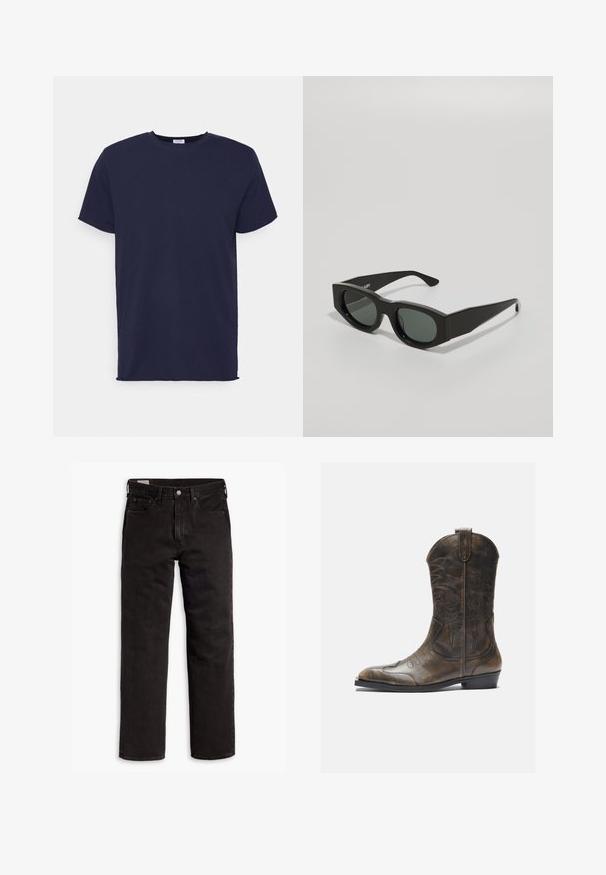 Námořnická modrá pánská tričko s krátkým rukávem vyrobené z měkké tkaniny. Má kulatý výstřih a rovný střih bez vzorů nebo akcentů.; Černé džíny rovného střihu s pěti kapsami, zapínáním na knoflík a poutky na opasek, položené na bílém pozadí.; Hnědé kožené kovbojské boty s vysokým sálem, špičatou špičkou, složitými vyšívanými vzory a malým podpatkem. Texturovaný povrch po celé délce.; Černé obdélníkové sluneční brýle se zelenými skleněnými čočkami, silnými obrubami a plochými stranami, s hladkou plastovou texturou.