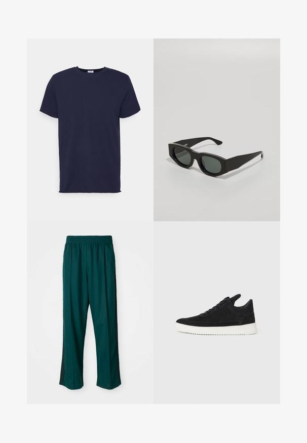 Granatowa koszulka z krótkim rękawem, wykonana z miękkiego materiału. Posiada okrągły dekolt oraz prosty krój bez wzorów i akcentów.; Ciemnozielone spodnie sportowe z elastycznym paskiem w talii, prostym krojem nogawki i czarnymi paskami po bokach. Wykonane z miękkiego, rozciągliwego materiału.; Czarne zamszowe sneakersy z białą gumową podeszwą, z tonalnym przeszyciem i sznurowanym zapięciem. Gładka tekstura, nowoczesny, smukły kształt.; Czarne prostokątne okulary przeciwsłoneczne z zielonymi szkłami, grubymi oprawkami i płaskimi zausznikami o gładkiej plastikowej fakturze.