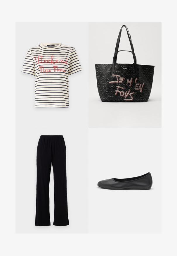 Cotton t-shirt with navy and cream horizontal stripes, featuring red cursive text "Weekend Max Mara" on the front. Short sleeves and crew neck.; Black, lightweight, elastic waist pants with a straight leg design. Soft texture with no visible patterns or accents. Simple and versatile style.; Black leather ballet flat with a rounded toe, smooth texture, minimal stitching detail, and a flexible sole design.; Black tote bag with textured material featuring a diamond pattern, shoulder straps, and bold red and white text reading “JE M'EN FOUS.”