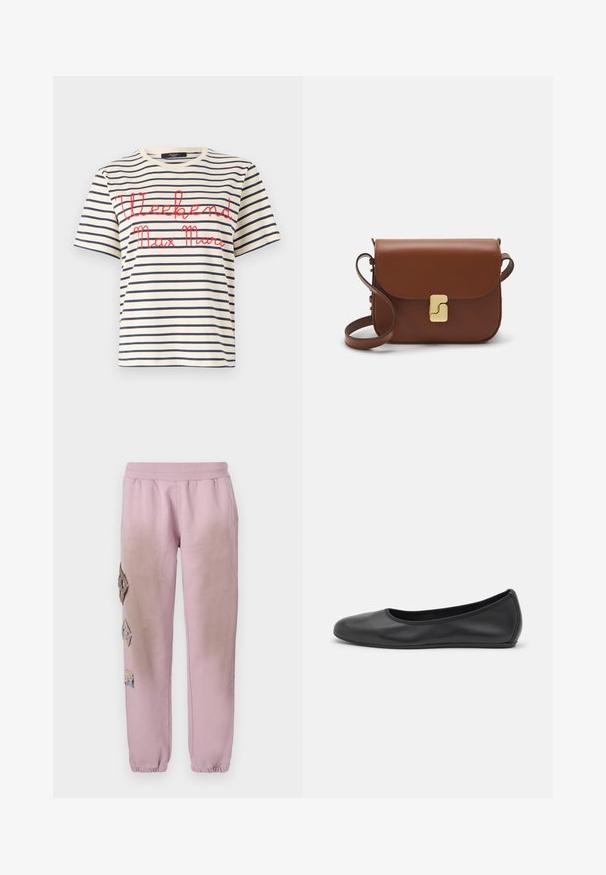 Tricou din bumbac cu dungi orizontale bleumarin și crem, având text roșu cursiv "Weekend Max Mara" pe față. Mâneci scurte și gât rotund.; Pantaloni de trening roz cu talie elastică, cu petice decorative în formă de diamant pe partea stângă și manșete elastice la glezne.; Balerini din piele neagră, cu vârf rotund, textură netedă, detalii de cusătură minimale și un design al tălpii flexibil.; Geantă de piele maro cu închidere tip capac, accesorii de culoare aurie, curea de umăr și o textură netedă. Formă compactă și rectangulară.